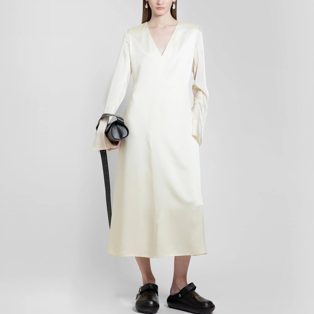 JIL SANDER Cream Wool Knit V-Neck Dress